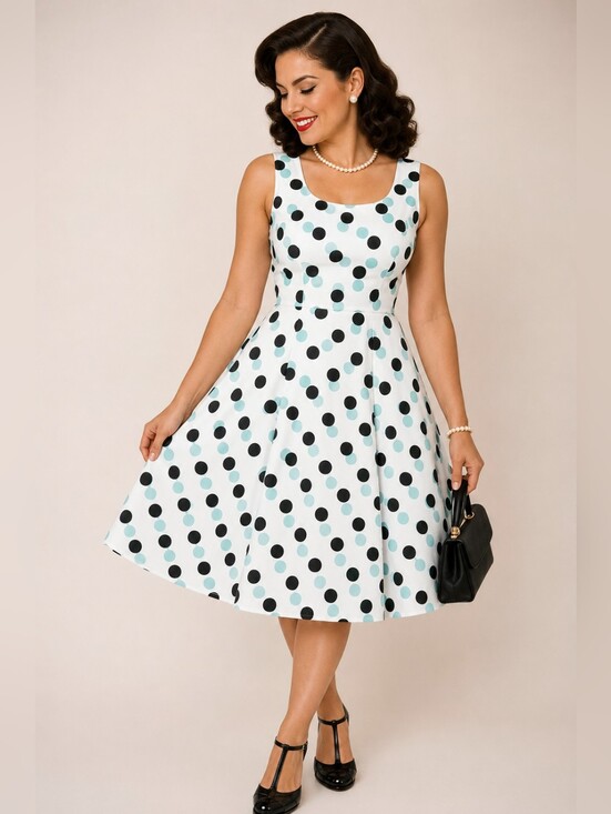 Ronni Nicole Dresses & Skirts - Ronni Nicole White Fit & Flare Aqua & Black Polka Dot Dress Retro Chic – Size 10